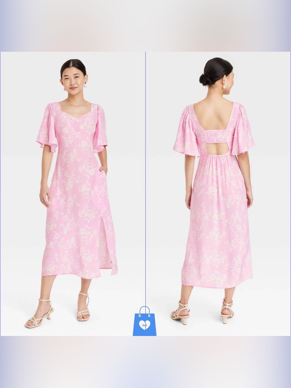Womens Crepe Flutter Short Sleeve Midi Dress - A New Day - Pink Floral- Large